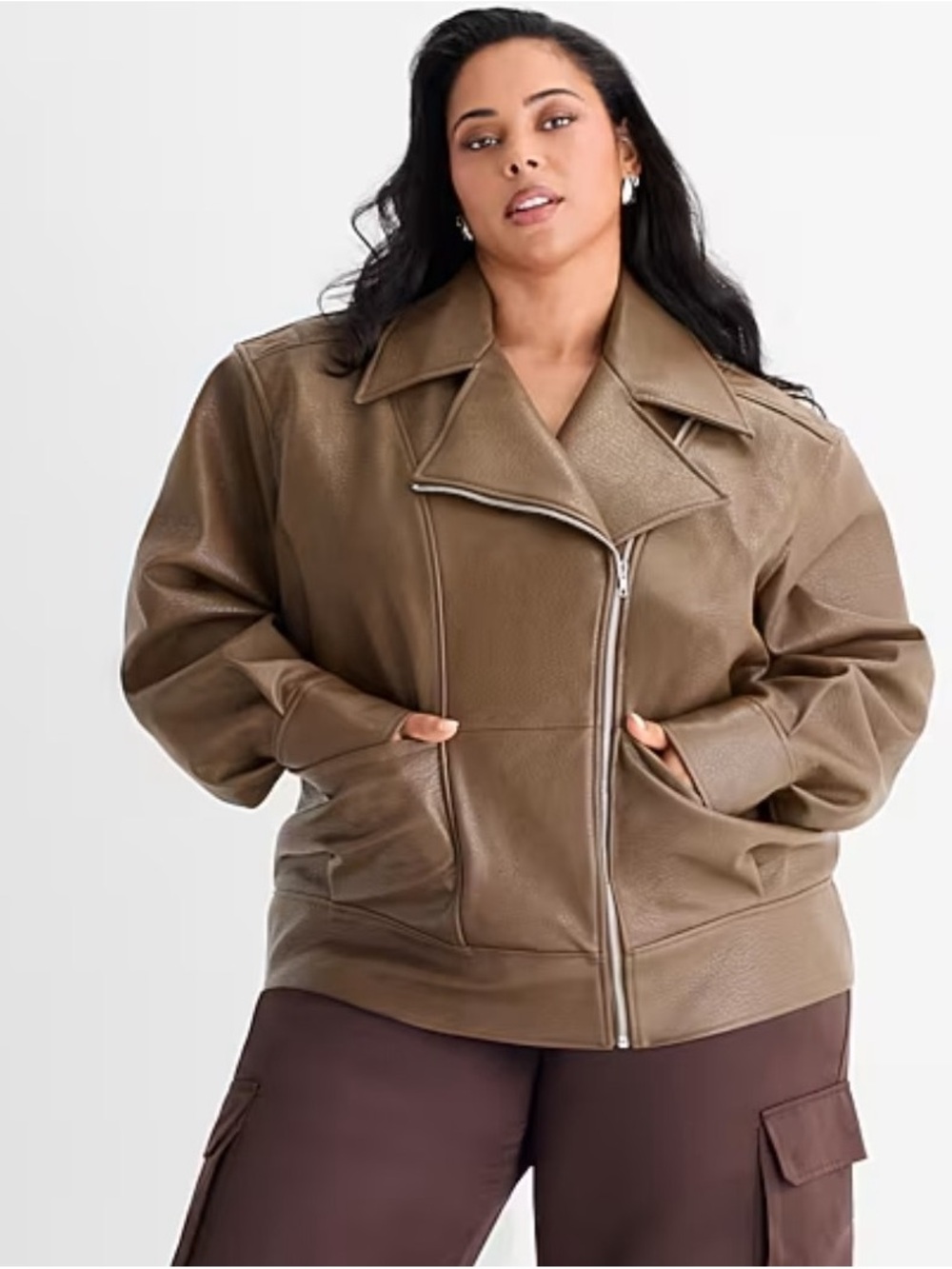 Ashley Graham Womens Plus Faux Leather Midweight Motorcycle Jacket